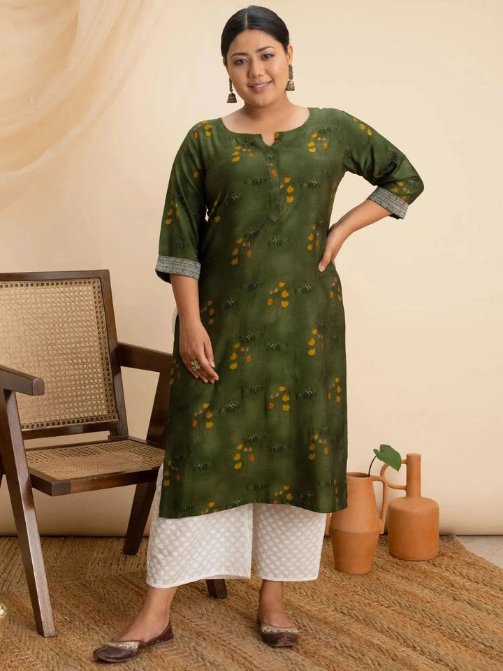 Plus Size Green Printed Rayon Kurta - Libas