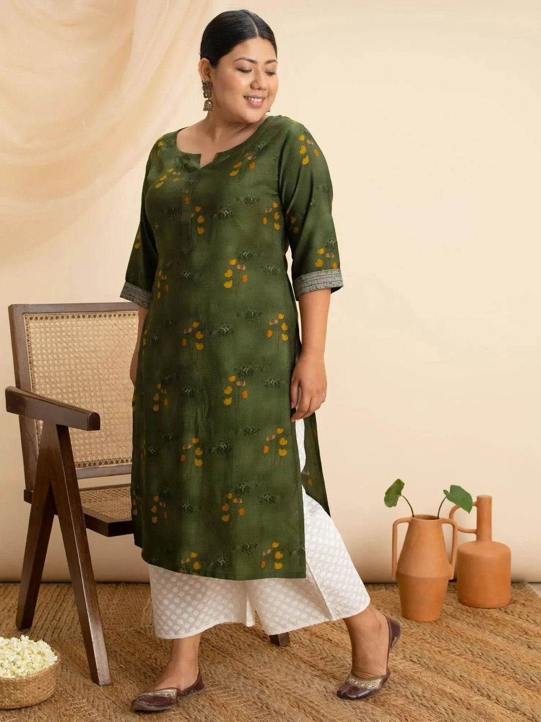 Plus Size Green Printed Rayon Kurta - Libas