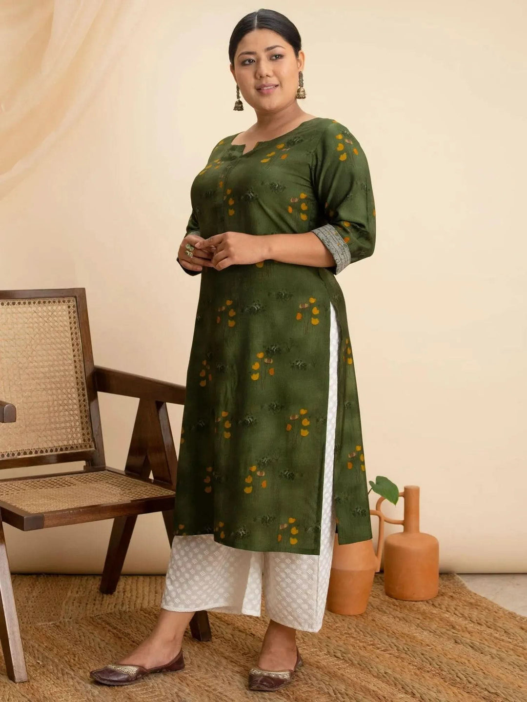 Plus Size Green Printed Rayon Kurta - Libas