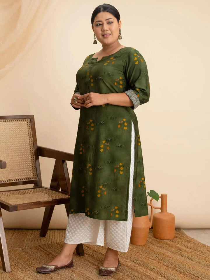 Plus Size Green Printed Rayon Kurta - Libas