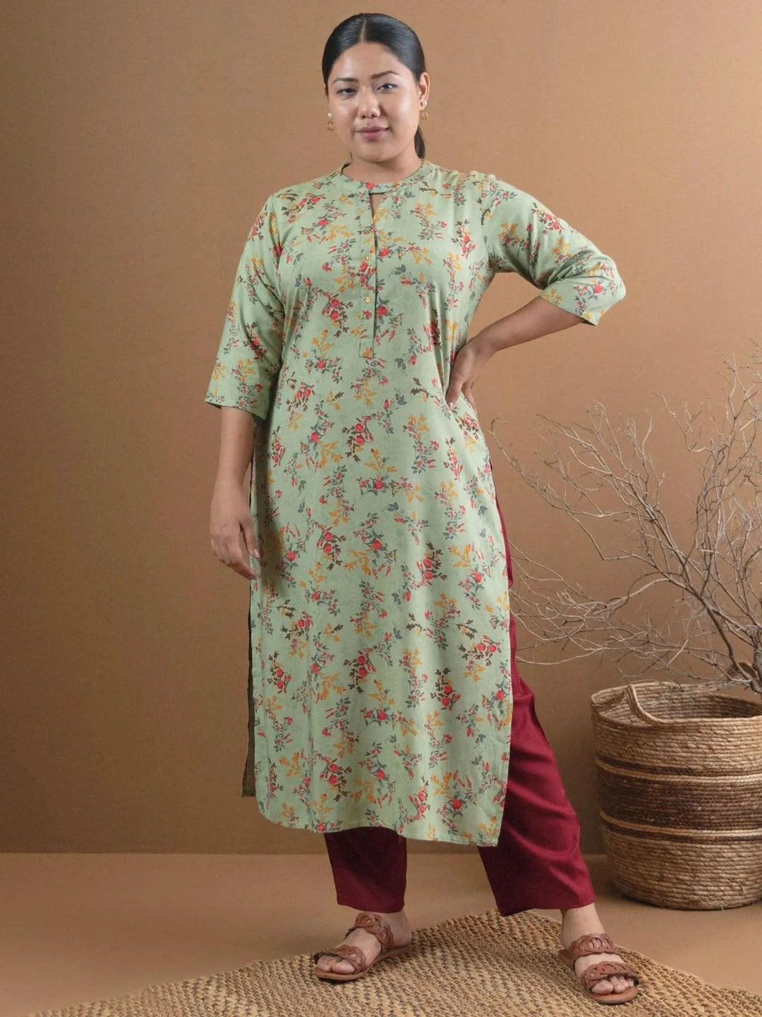 Plus Size Green Printed Rayon Straight Kurta - Libas