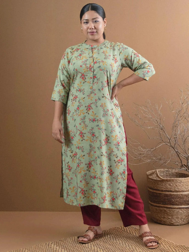 Plus Size Green Printed Rayon Straight Kurta - Libas