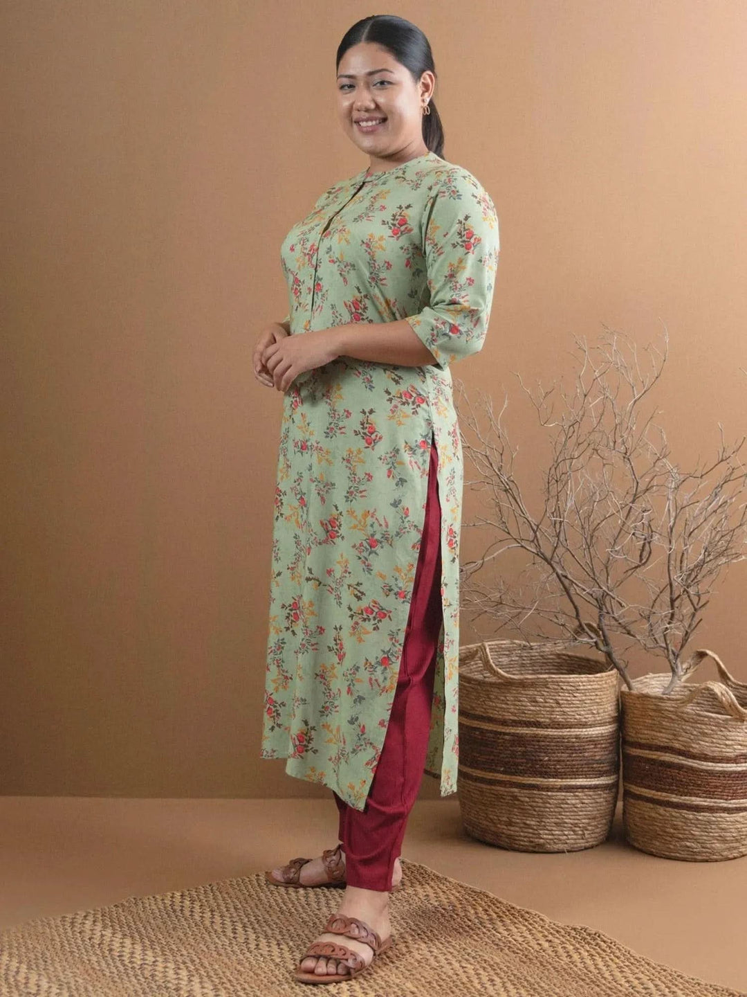 Plus Size Green Printed Rayon Straight Kurta - Libas
