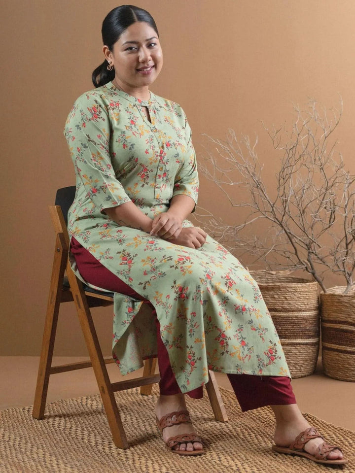 Plus Size Green Printed Rayon Straight Kurta - Libas