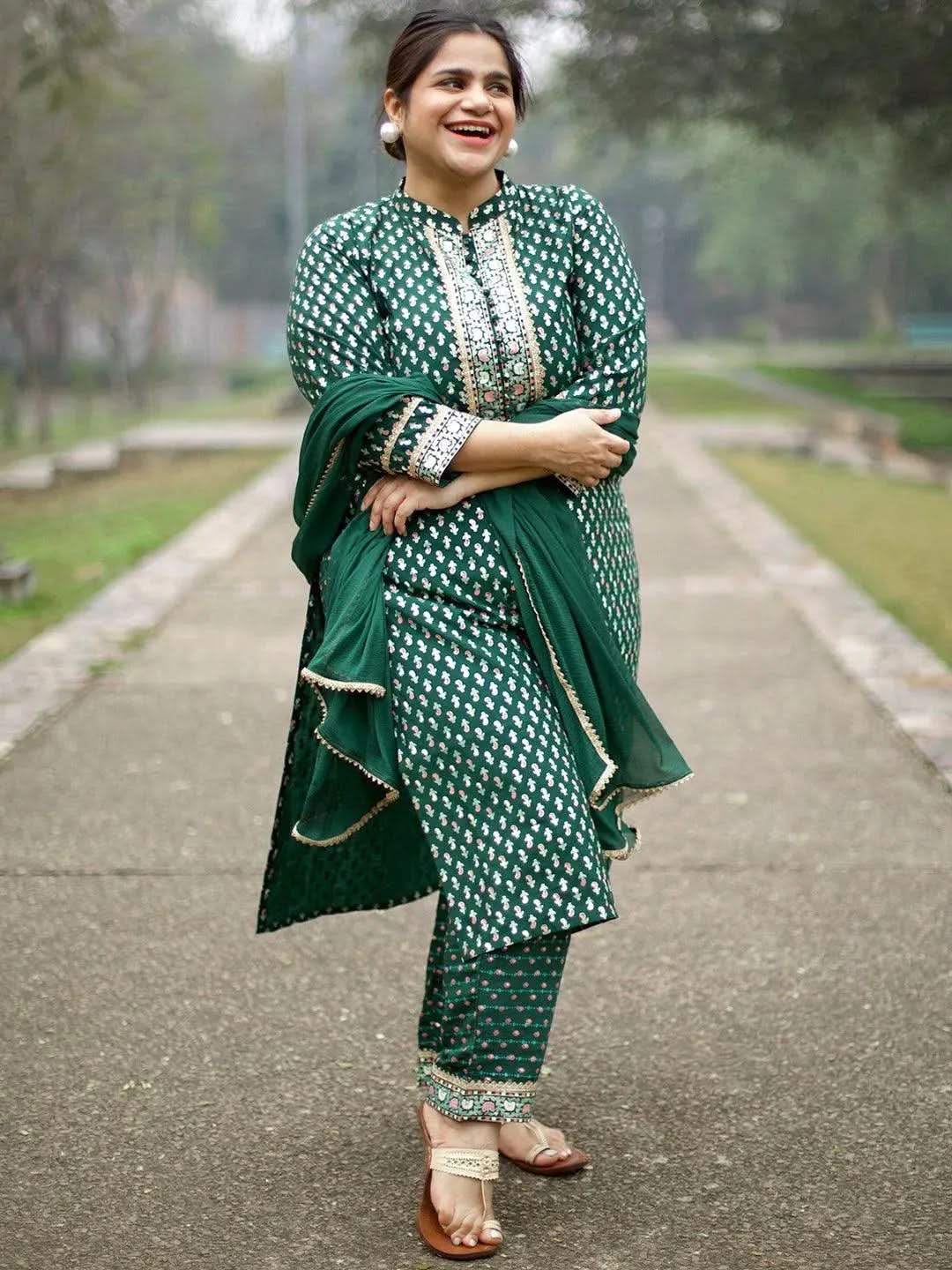 Plus Size Green Printed Silk Blend Straight Suit Set - Libas