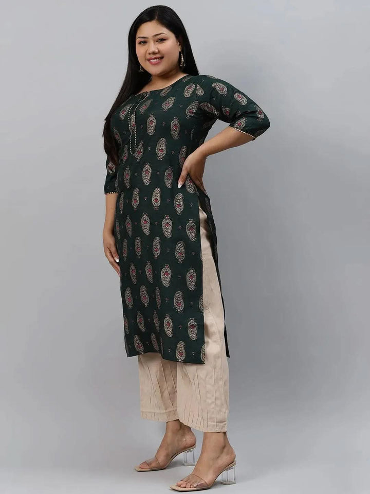 Plus Size Green Printed Silk Kurta - Libas