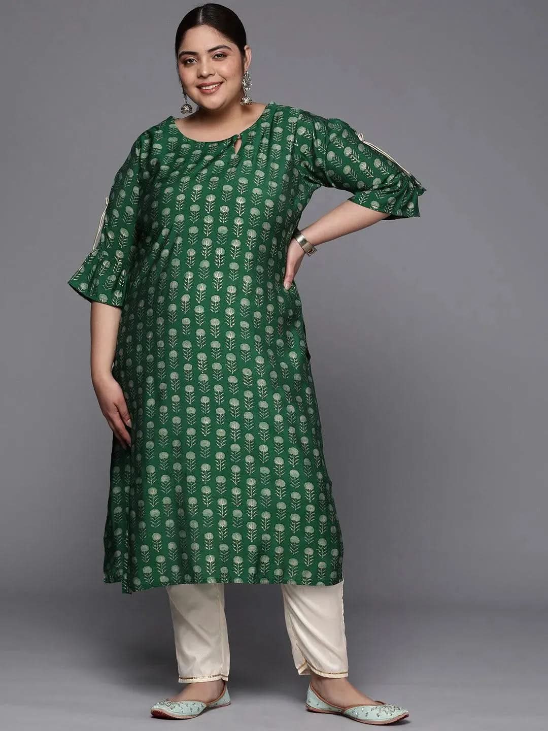 Plus Size Green Printed Silk Straight Kurta - Libas