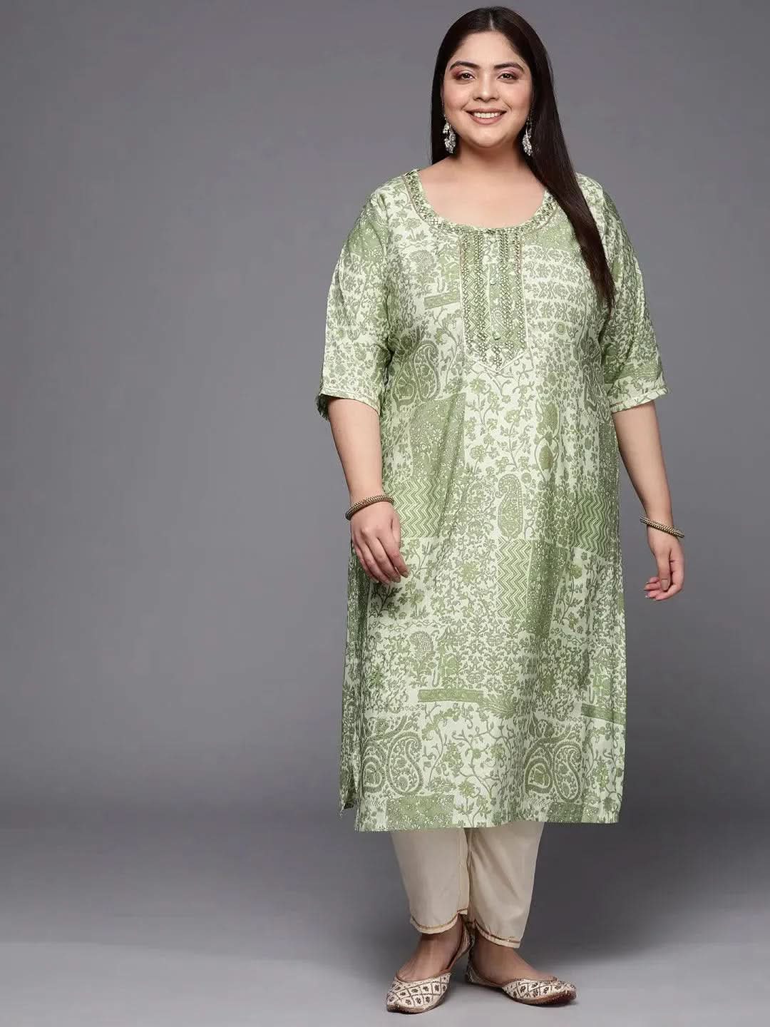 Plus Size Green Printed Silk Straight Kurta - Libas
