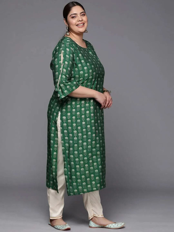 Plus Size Green Printed Silk Straight Kurta - Libas