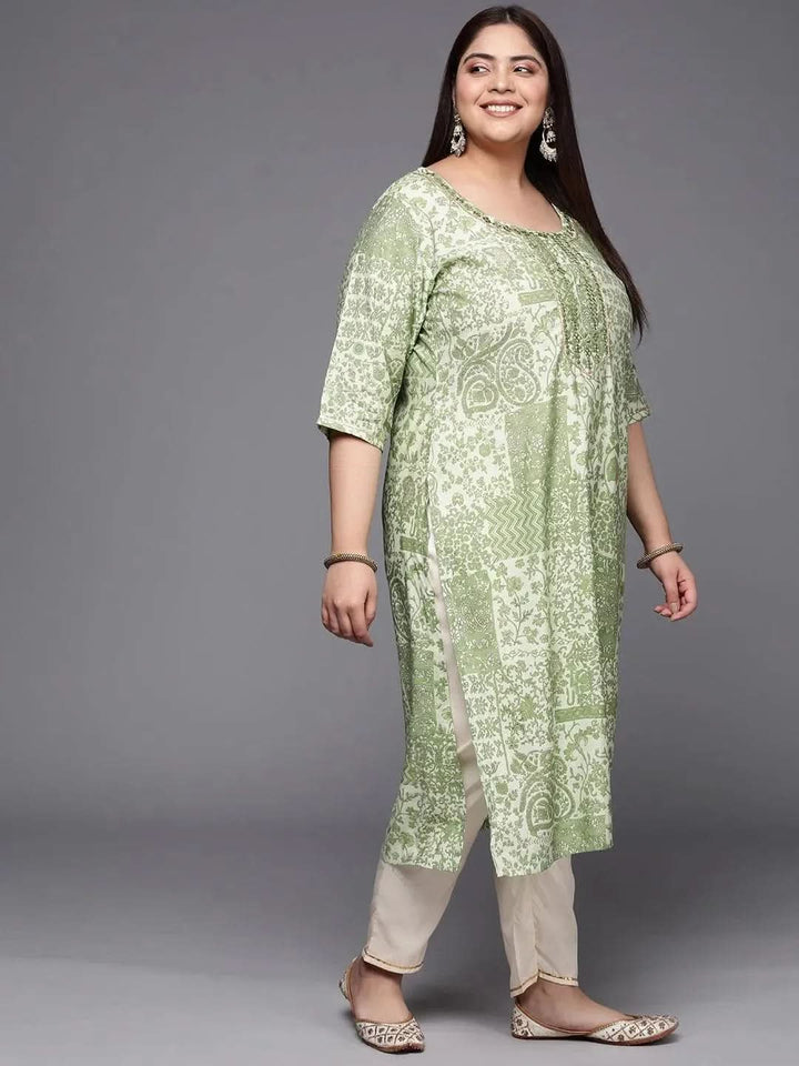 Plus Size Green Printed Silk Straight Kurta - Libas