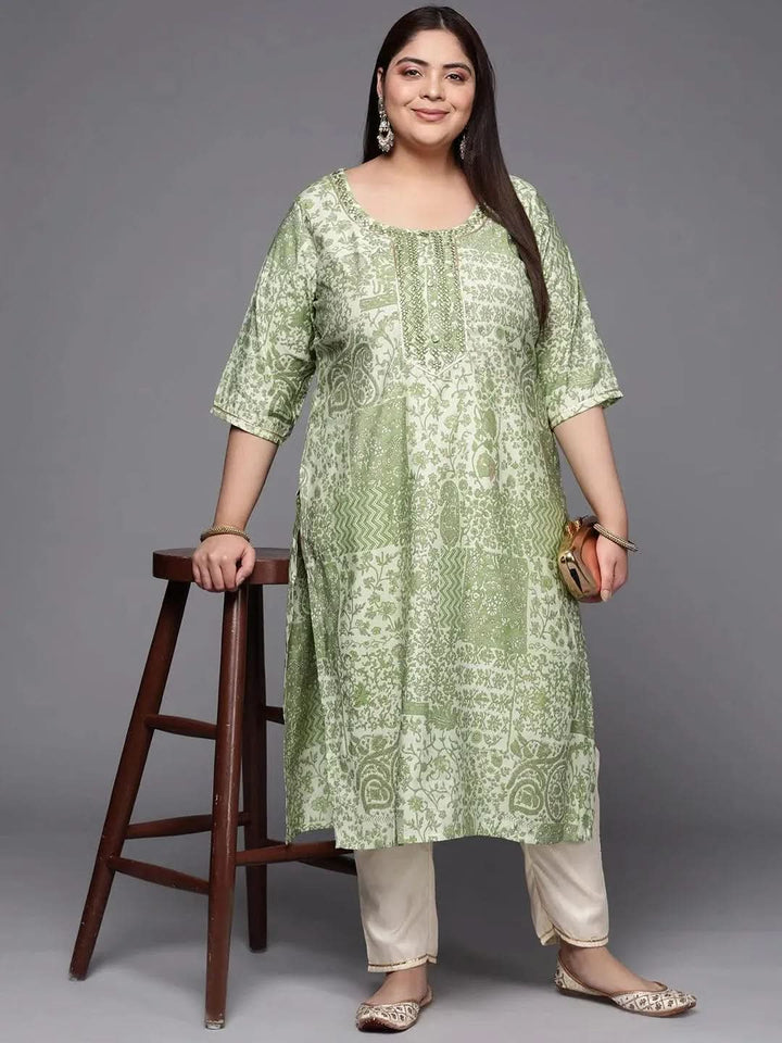 Plus Size Green Printed Silk Straight Kurta - Libas
