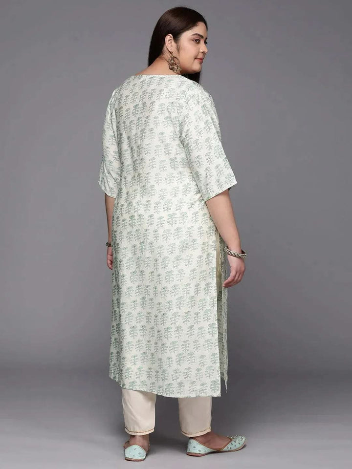 Plus Size Green Printed Silk Straight Kurta - Libas