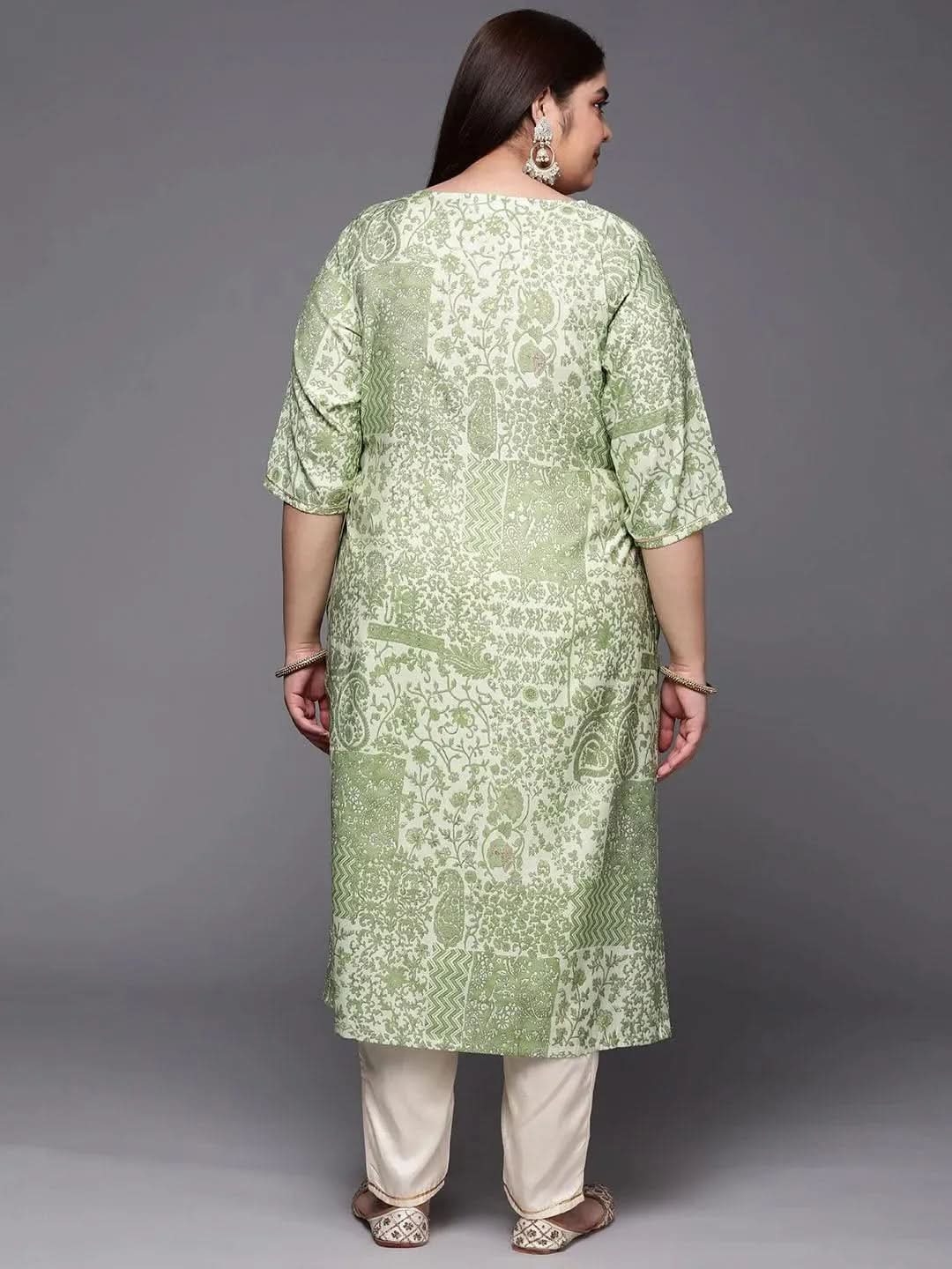 Plus Size Green Printed Silk Straight Kurta - Libas
