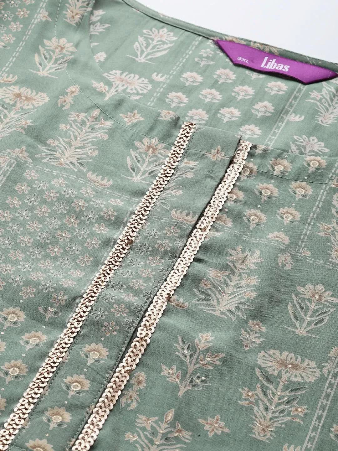 Plus Size Green Printed Silk Straight Kurta - Libas
