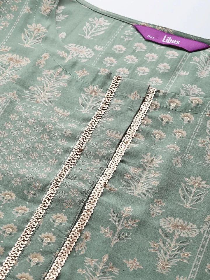 Plus Size Green Printed Silk Straight Kurta - Libas