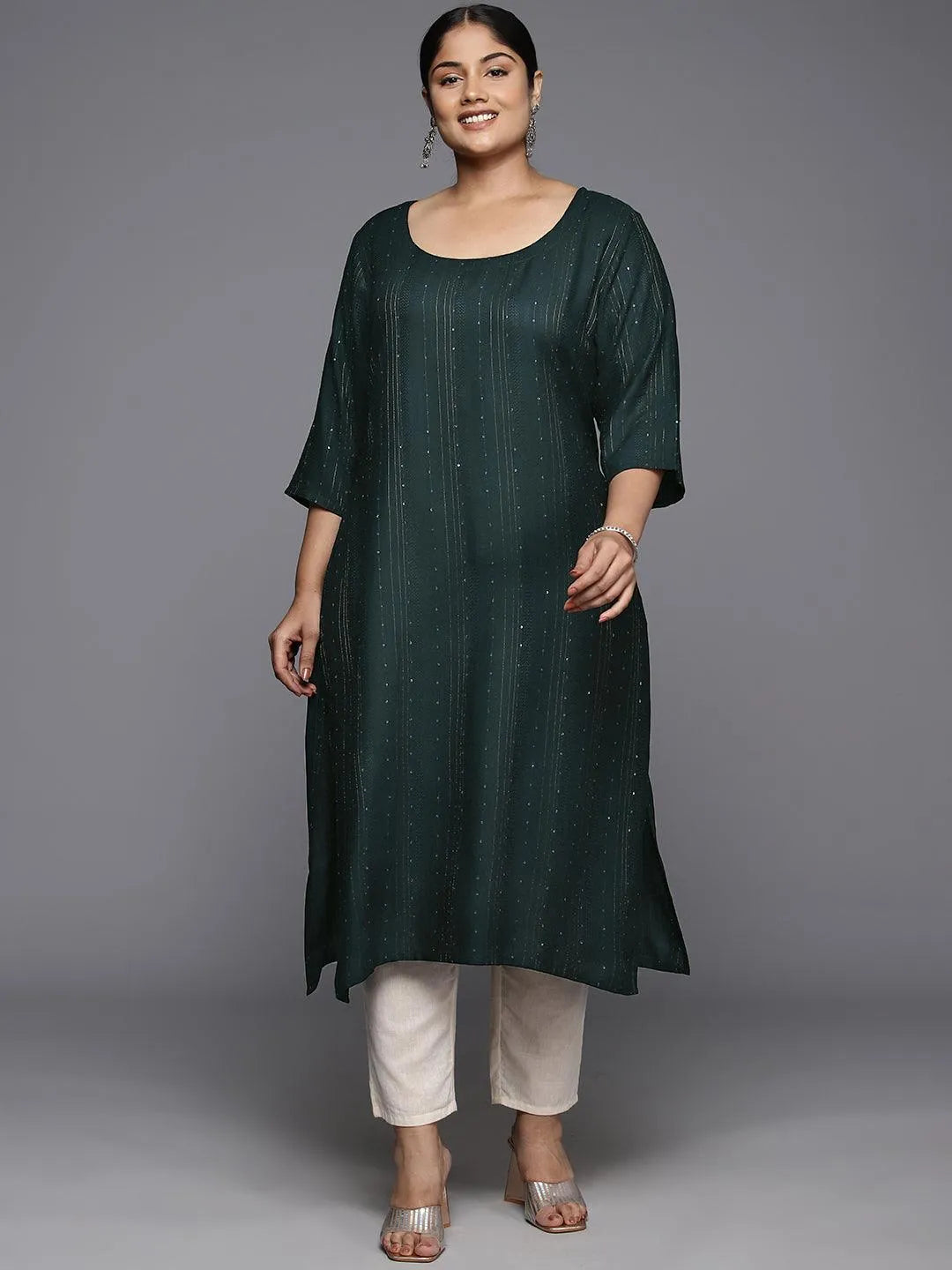 Plus Size Green Rayon Embroidered Straight Kurta - Libas