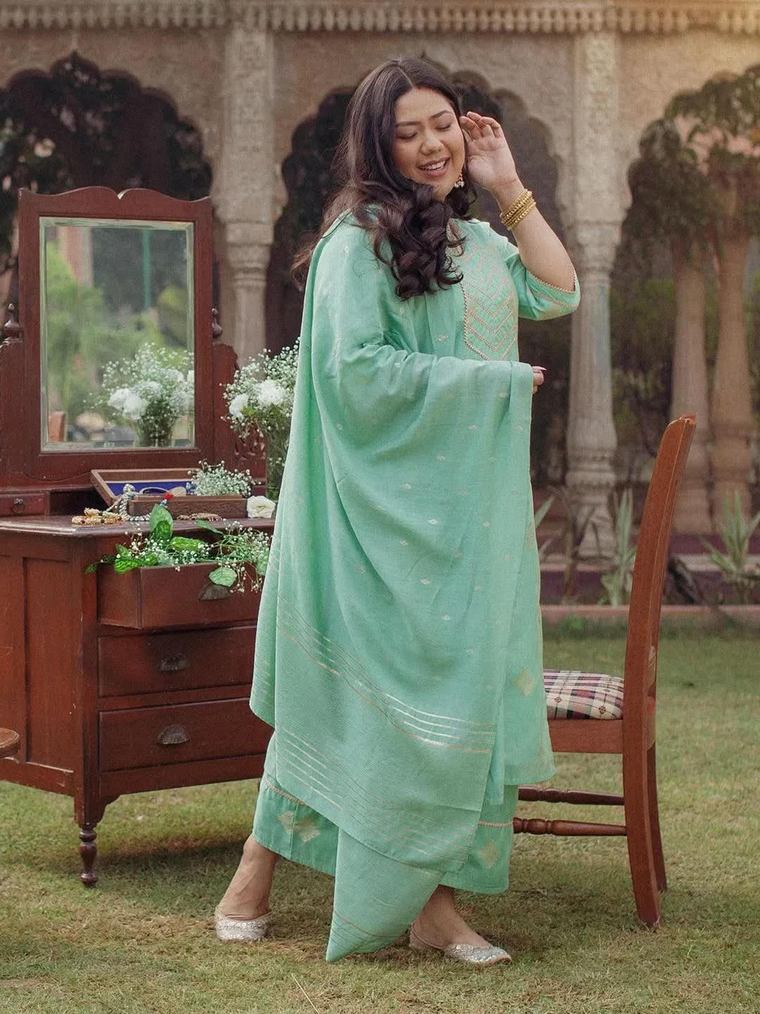 Plus Size Green Self-Design Silk Suit Set - Libas