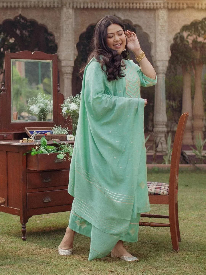 Plus Size Green Self-Design Silk Suit Set - Libas