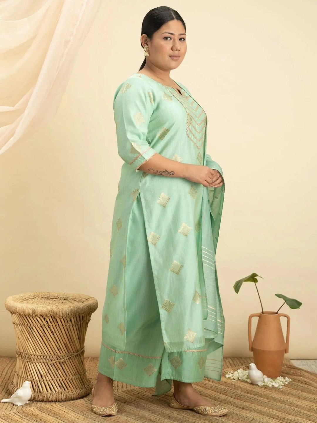 Plus Size Green Self-Design Silk Suit Set - Libas