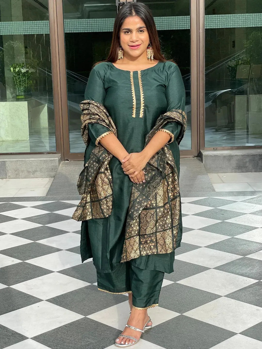 Plus Size Green Solid Chanderi Suit Set - Libas