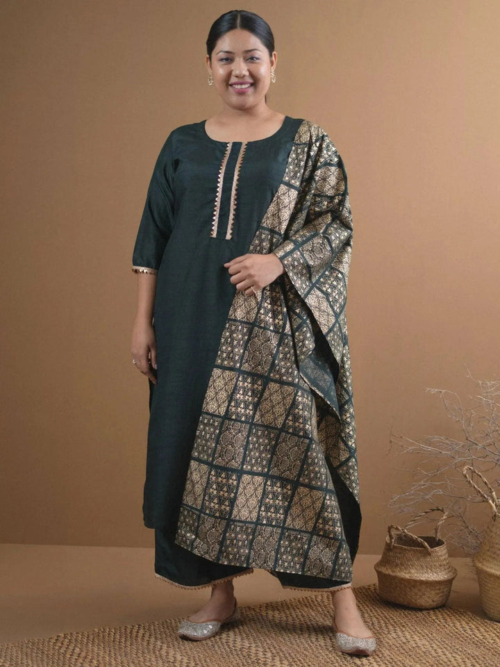 Plus Size Green Solid Chanderi Suit Set - Libas