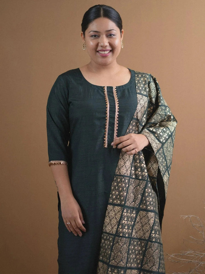 Plus Size Green Solid Chanderi Suit Set - Libas