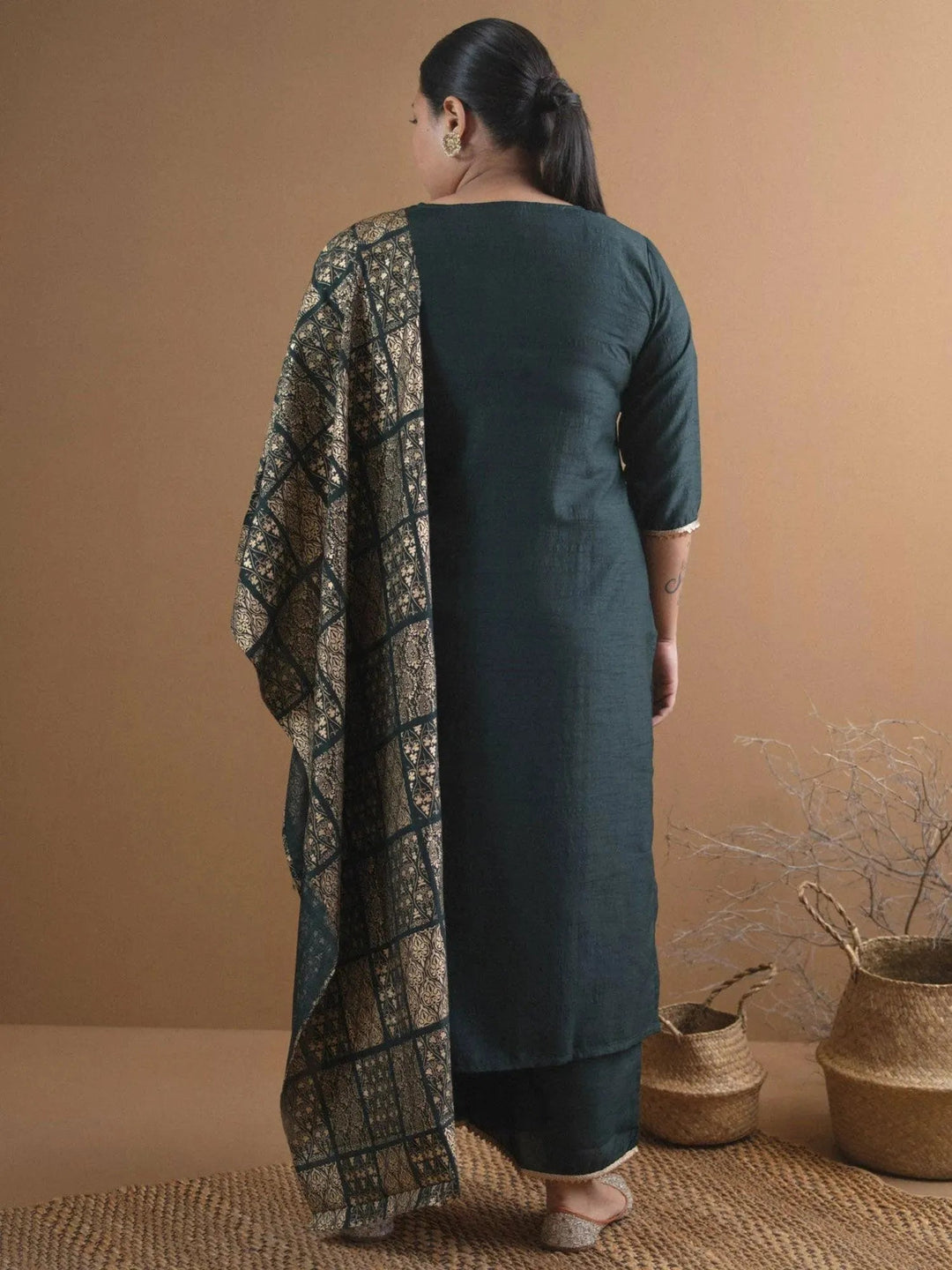 Plus Size Green Solid Chanderi Suit Set - Libas