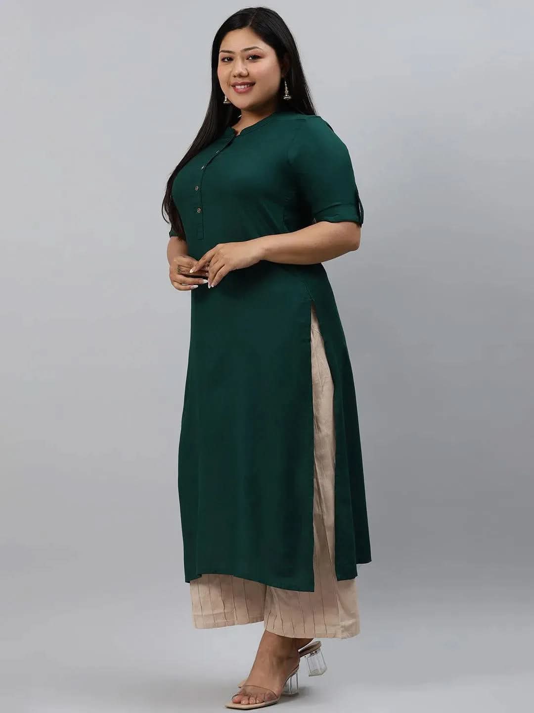 Plus Size Green Solid Rayon Kurta - Libas