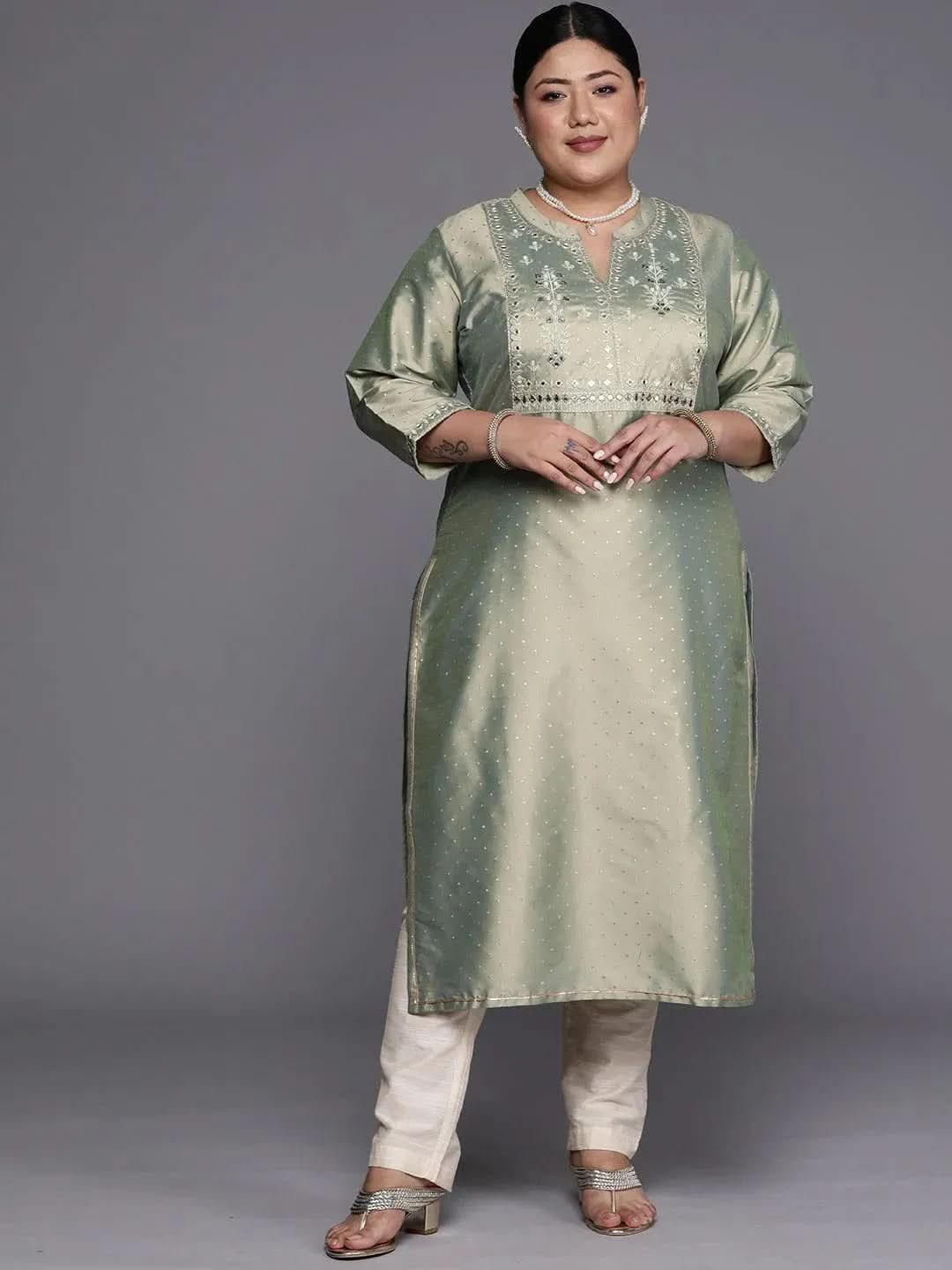 Plus Size Green Yoke Design Art Silk Straight Kurta - Libas