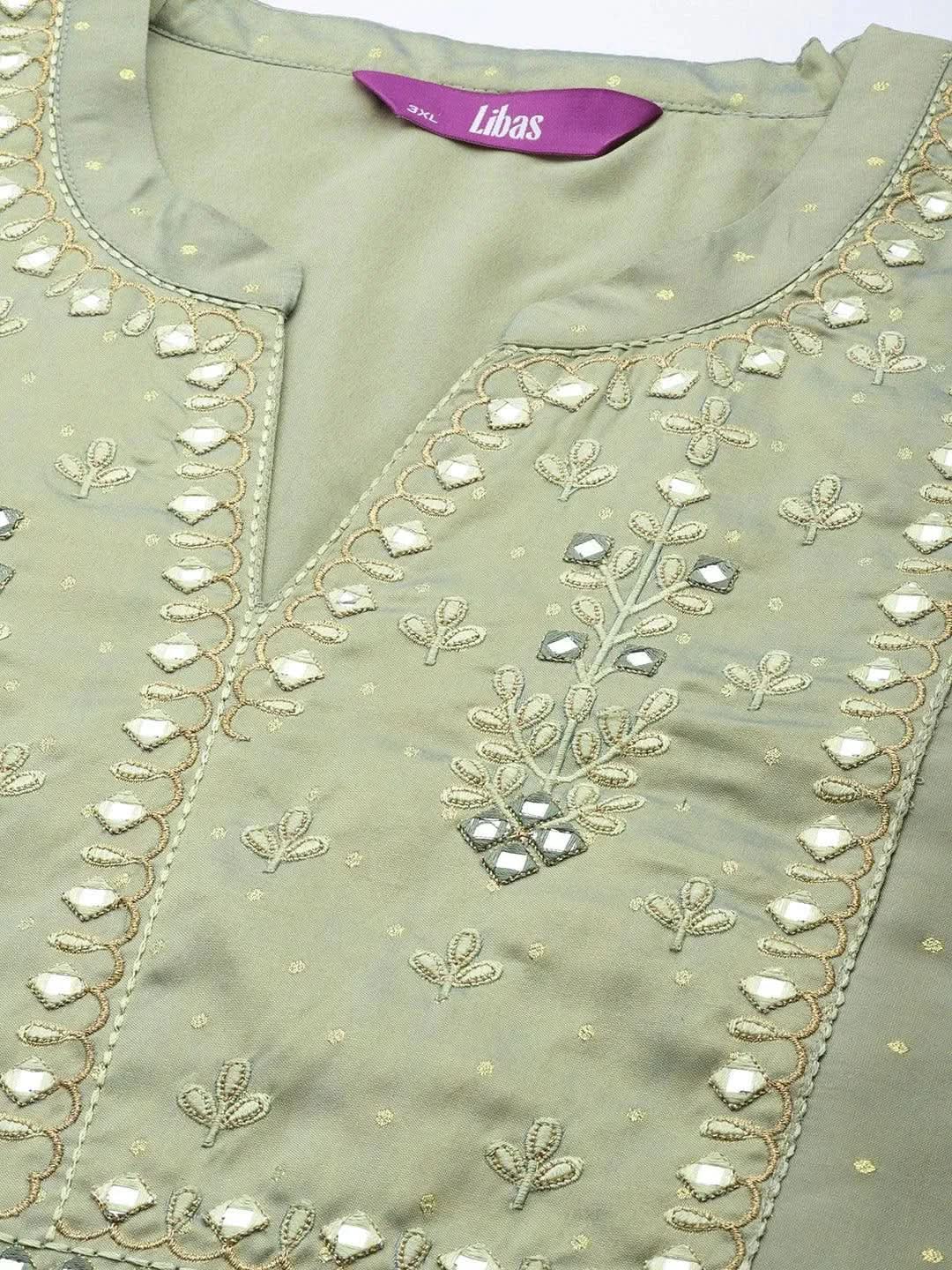 Plus Size Green Yoke Design Art Silk Straight Kurta - Libas