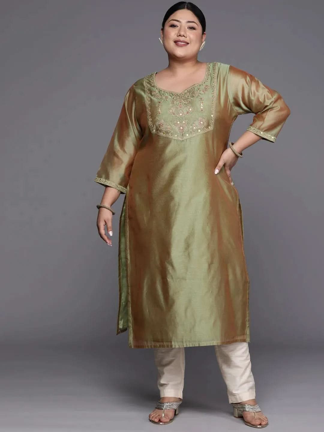 Plus Size Green Yoke Design Chanderi Cotton Straight Kurta - Libas