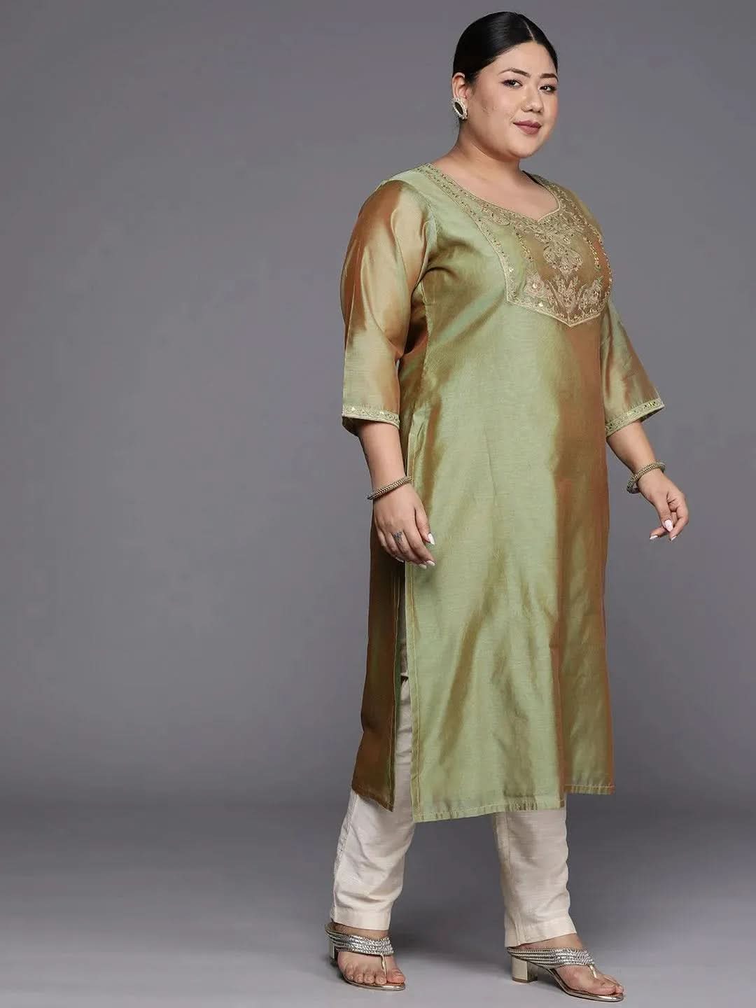 Plus Size Green Yoke Design Chanderi Cotton Straight Kurta - Libas