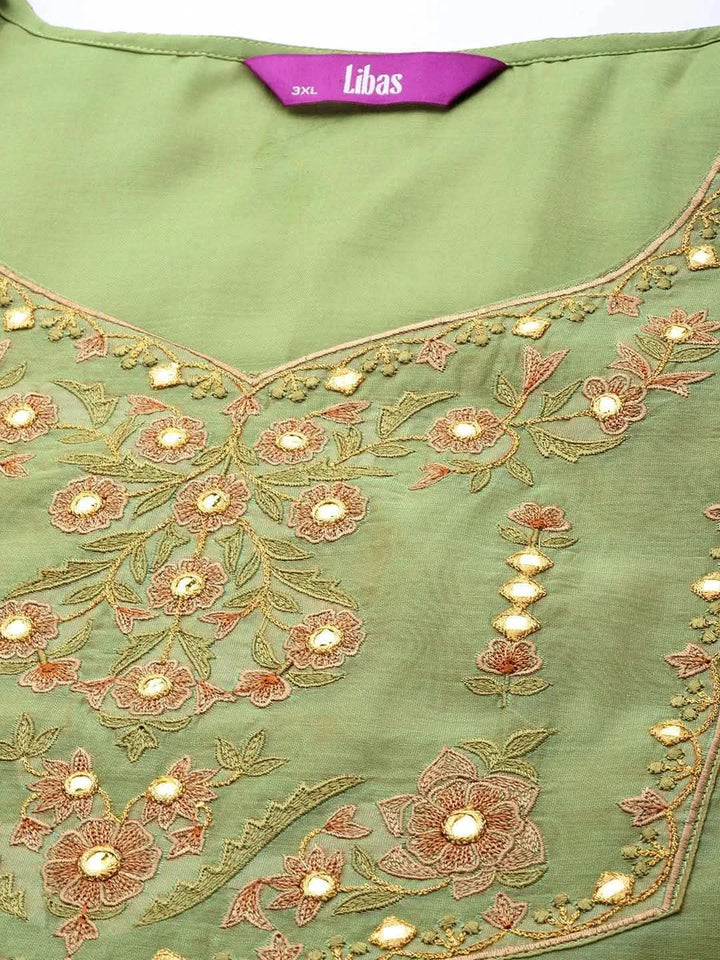 Plus Size Green Yoke Design Chanderi Cotton Straight Kurta - Libas