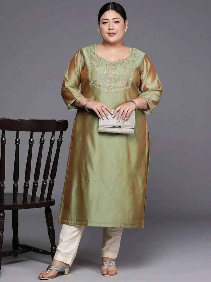 Plus Size Green Yoke Design Chanderi Cotton Straight Kurta - Libas
