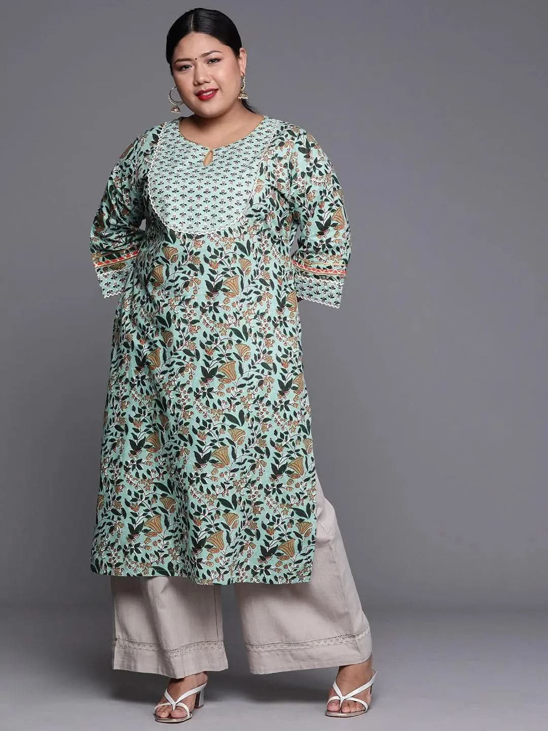 Plus Size Green Yoke Design Cotton Kurta - Libas