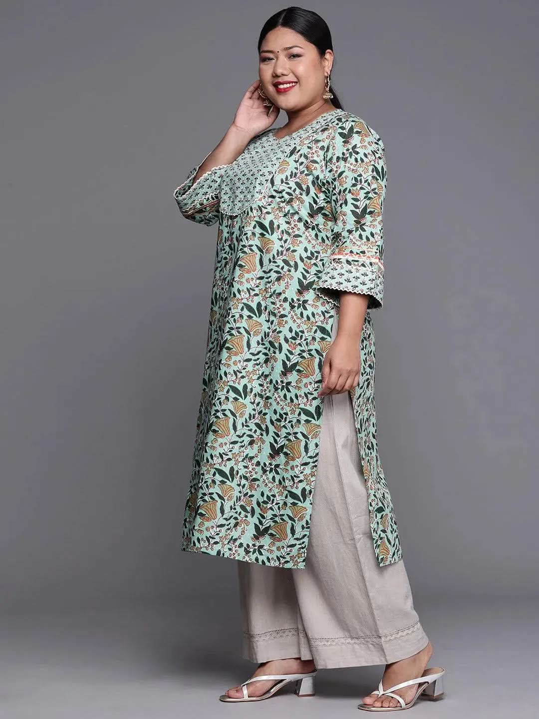 Plus Size Green Yoke Design Cotton Kurta - Libas