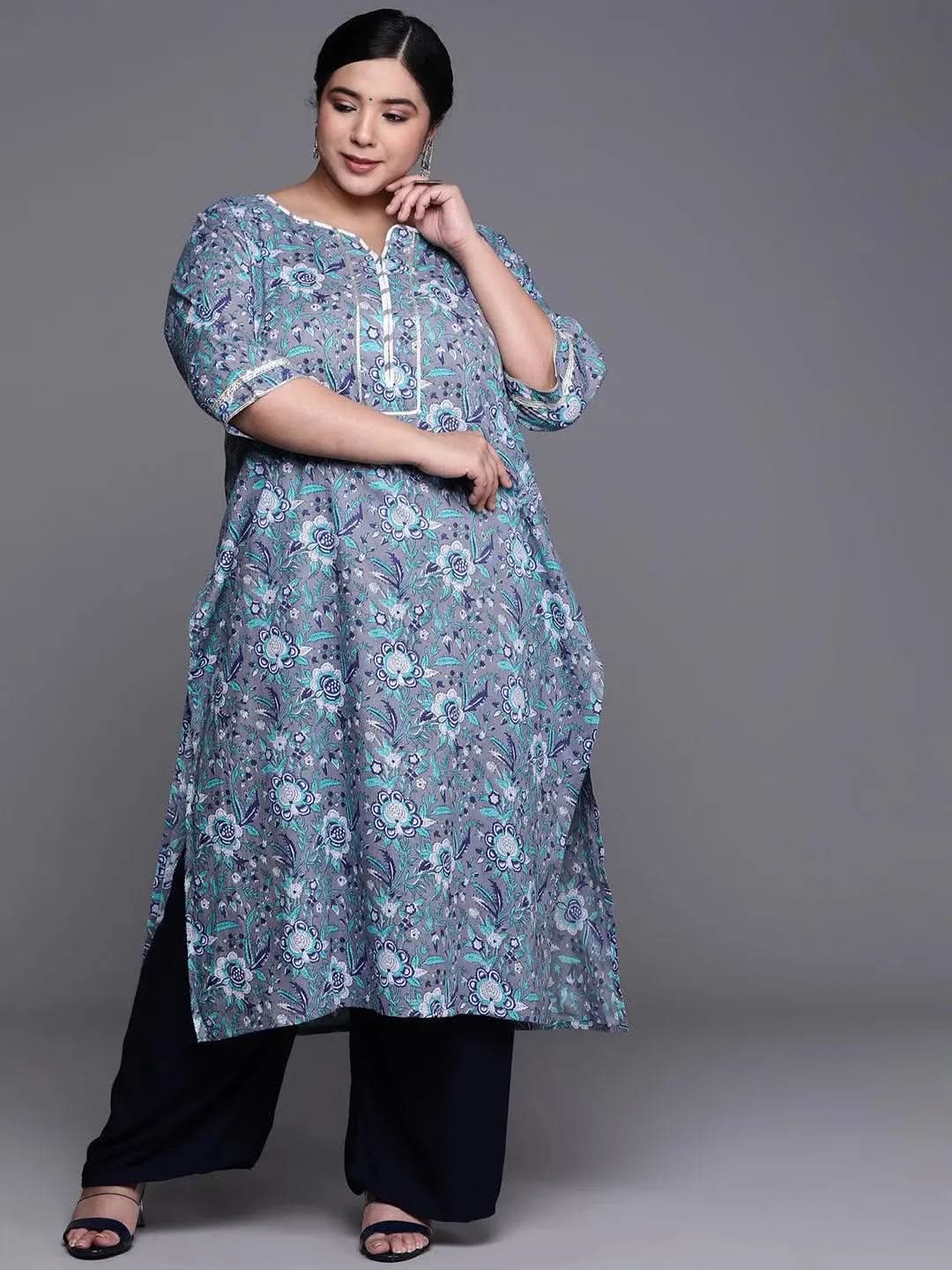 Plus Size Grey Printed Cotton Kurta - Libas