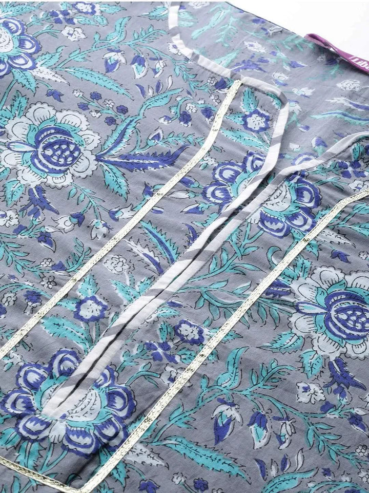 Plus Size Grey Printed Cotton Kurta - Libas