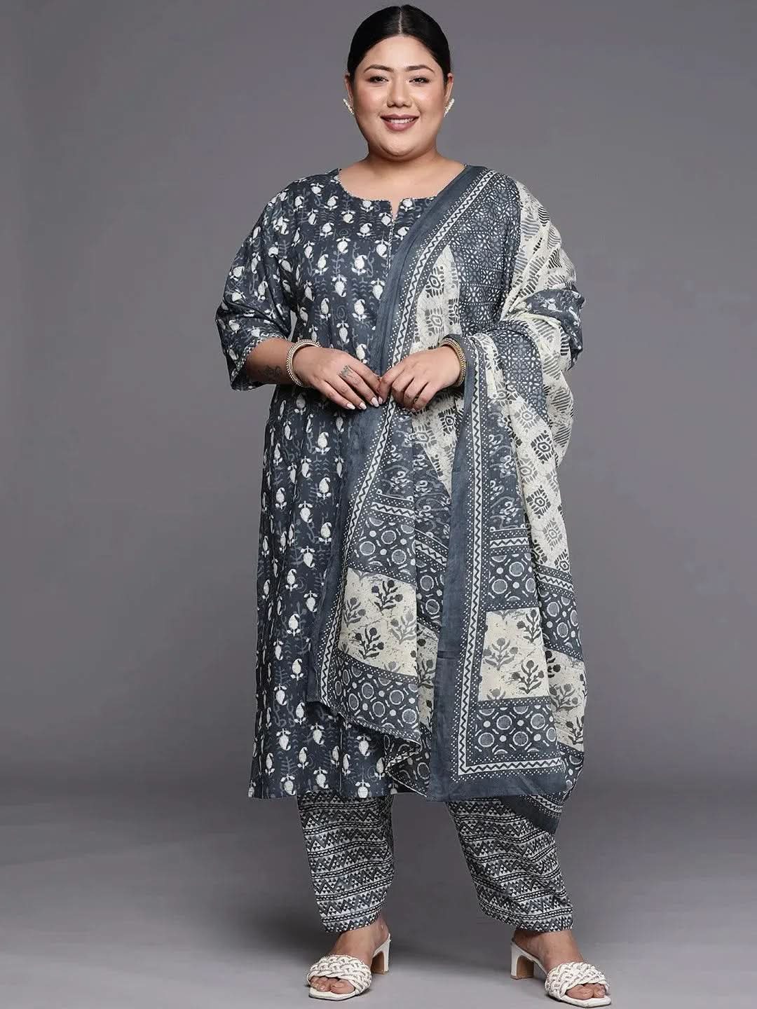 Plus Size Grey Printed Cotton Straight Suit Set - Libas