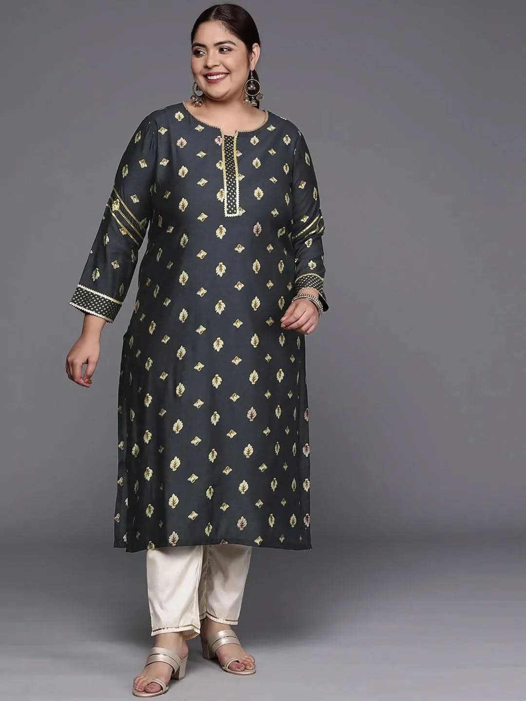 Plus Size Grey Printed Silk Straight Kurta - Libas