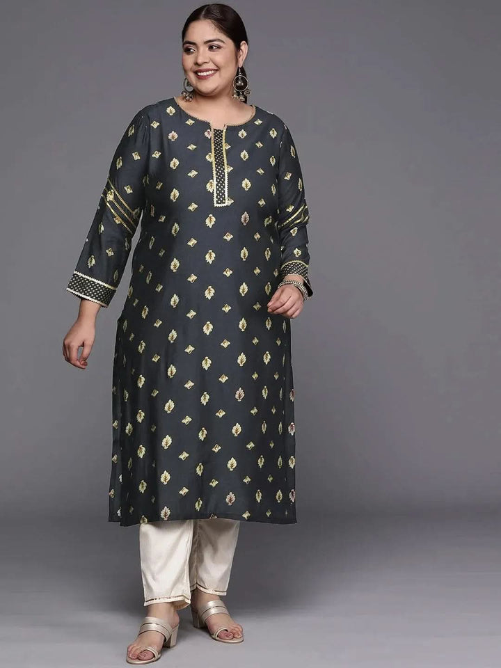 Plus Size Grey Printed Silk Straight Kurta - Libas
