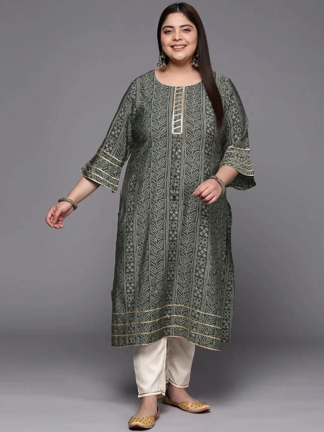 Plus Size Grey Printed Silk Straight Kurta - Libas