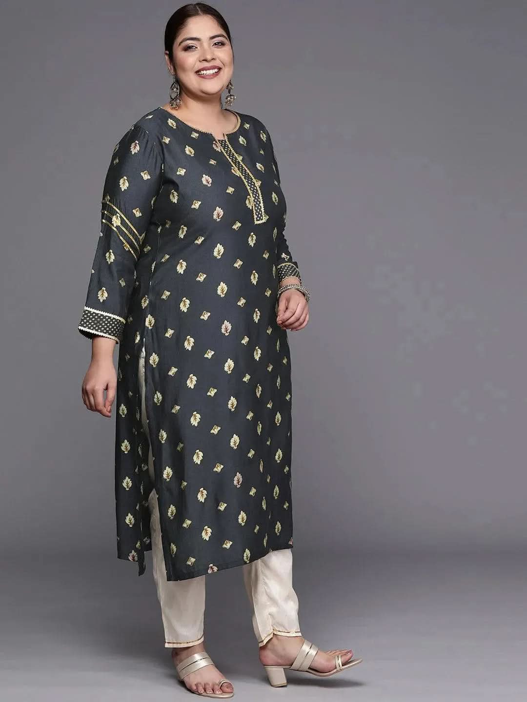 Plus Size Grey Printed Silk Straight Kurta - Libas