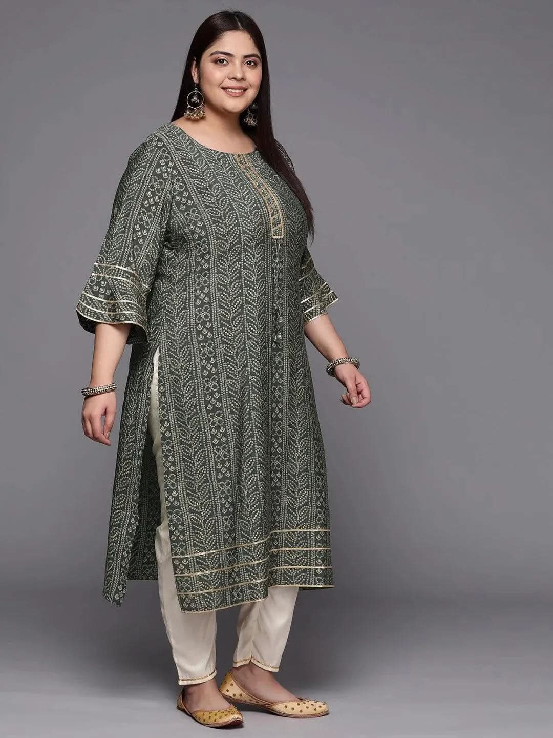 Plus Size Grey Printed Silk Straight Kurta - Libas