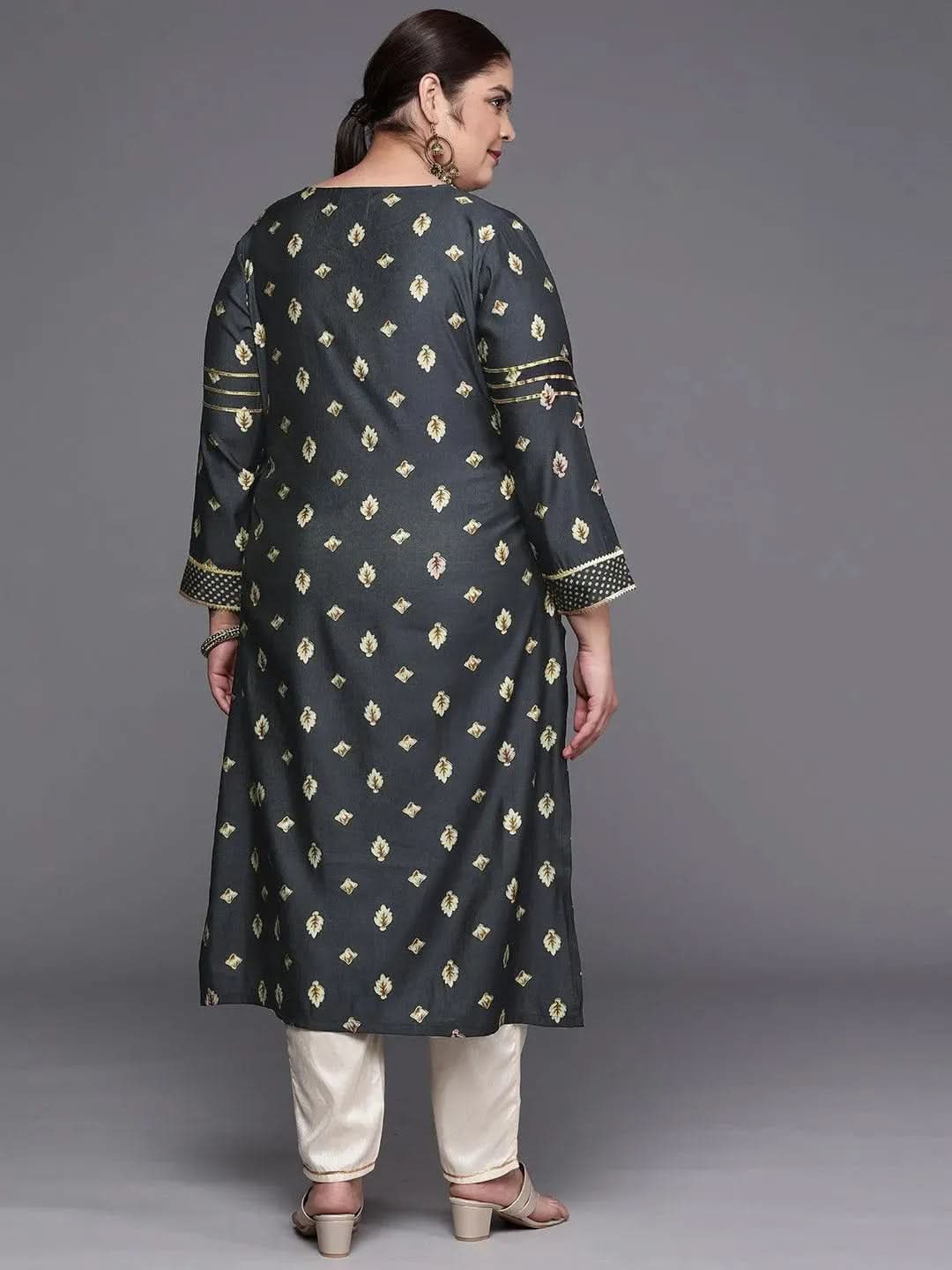 Plus Size Grey Printed Silk Straight Kurta - Libas