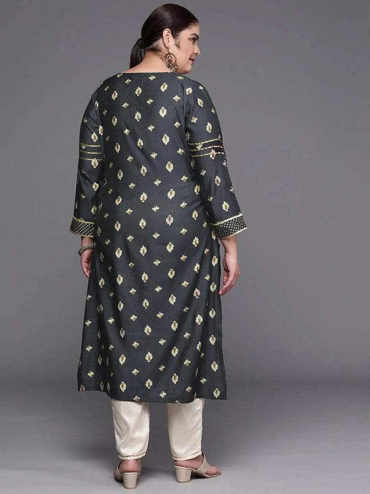 Plus Size Grey Printed Silk Straight Kurta - Libas