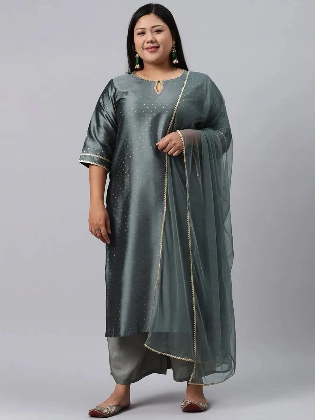 Plus Size Grey Woven Design Art Silk Suit Set - Libas