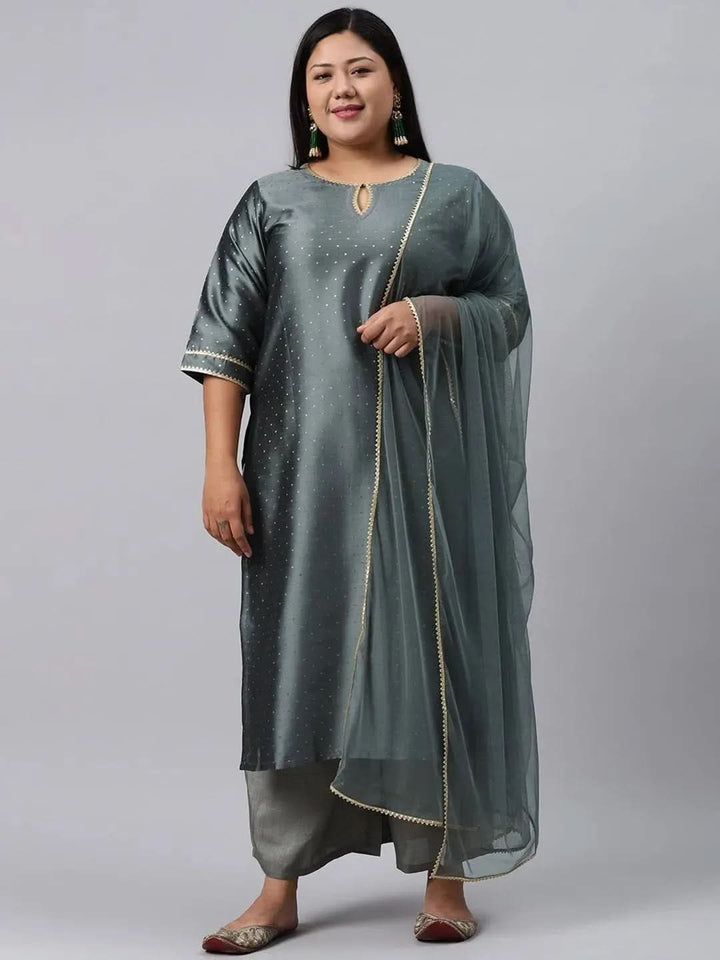 Plus Size Grey Woven Design Art Silk Suit Set - Libas