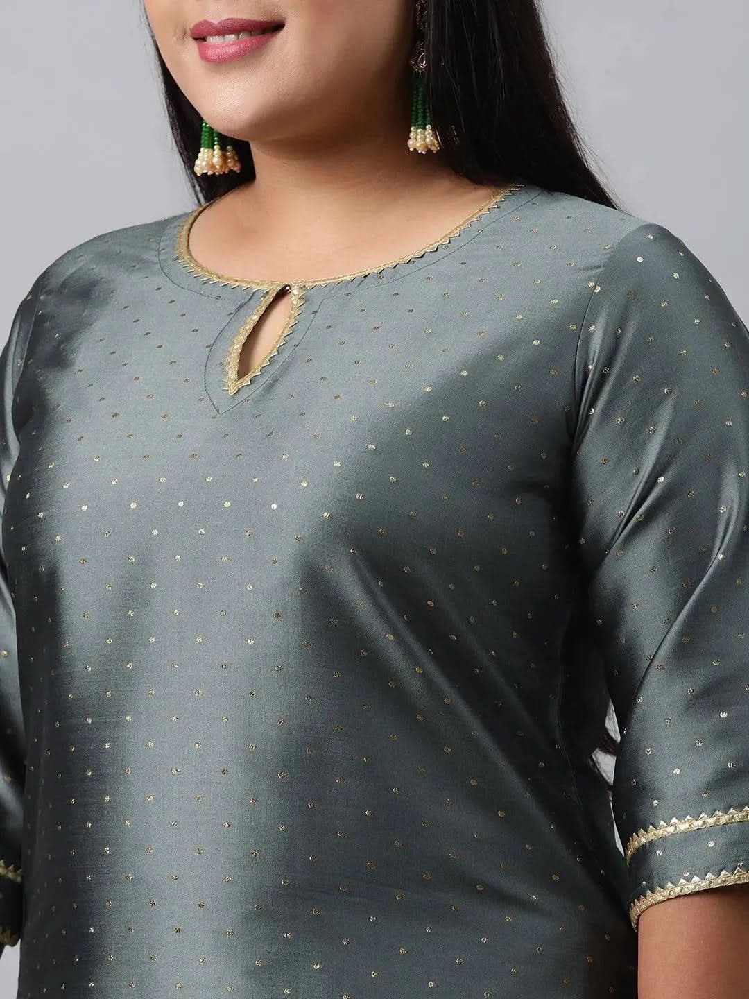Plus Size Grey Woven Design Art Silk Suit Set - Libas