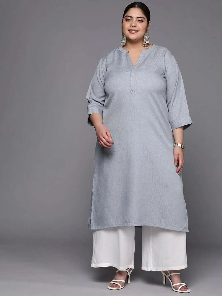 Plus Size Grey Woven Design Rayon Straight Kurta - Libas